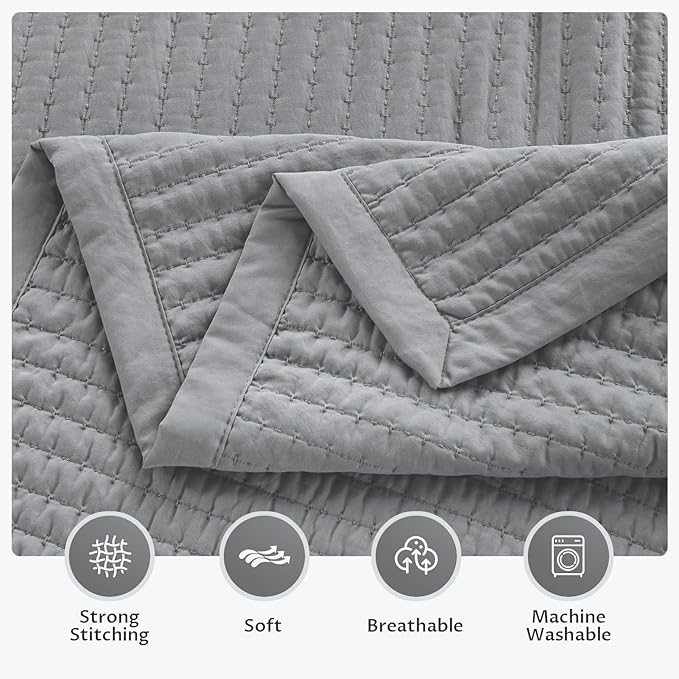 KASENTEX King XL Quilt Set 108"x98" – Soft Washed 3-Layer Lightweight Bedspread, Minimalist Nordic Design, All-Season Spring & Summer Quilt Set (1 Quilt + 2 Pillow Shams), Solid Grey