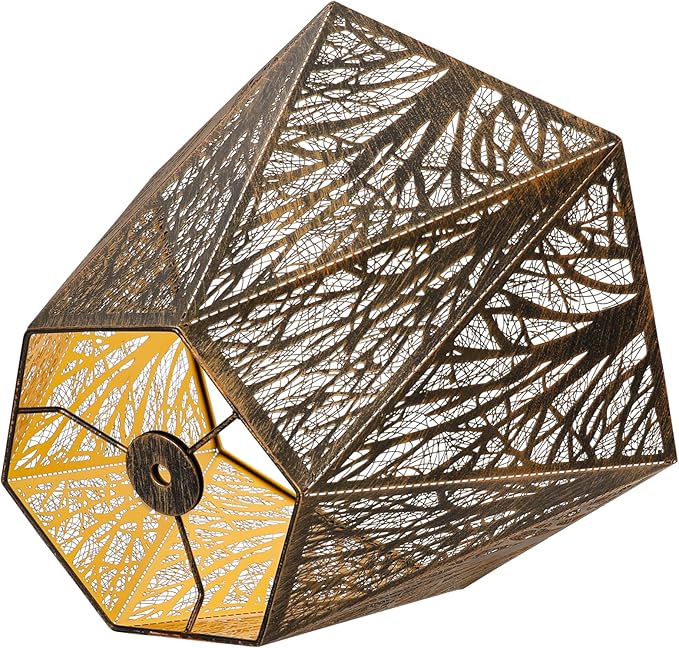 Etched Metal Lampshade, Hexagonal Lamp Shade with Antique Bronze Exterior&Gold-plated Interior, 7" Top x 13.8" Bottom x 9.5" Height, Spider Fitter