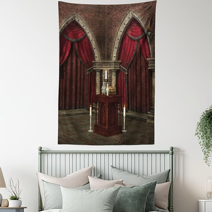 Ambesonne Gothic Tapestry, Mysterious Dark Room in Castle Pillars Candles Atmosphere Pattern, Wall Hanging for Bedroom Living Room Dorm Decor, 40" X 60", Red Black