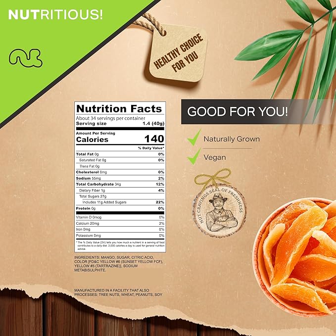 NUT CRAVINGS - Dried Mango Slices, Lightly Sweetened (48oz, 3 LB) Tu Bishvat Favorite - Sweet Healthy Snack, Vegan, Kosher, Resealable Bag
