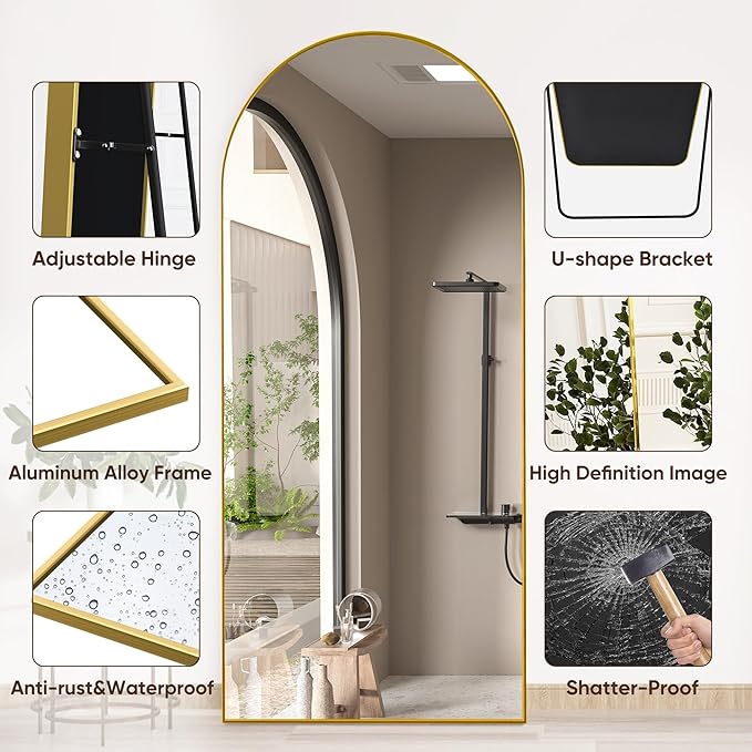 Suidia Arched Full Length Mirror, 71"x28" Floor Mirror Freestanding, Floor Standing Full Body Mirror with Stand for Bedroom, Hanging Leaning Mounted for Living Room Cloakroom, Gold