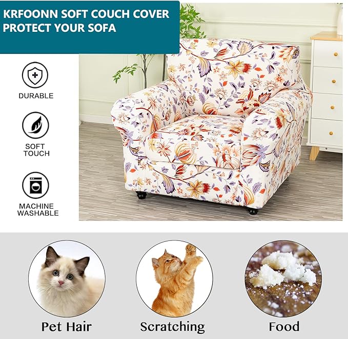 KRFOONN 2 Piece Couch Chair Cover Printed Sofa Covers Couch Covers Stretch Armchair Sofa Couch Slipcovers Furniture Protector with Elastic Bottom for Living Room (Armchair, 53)