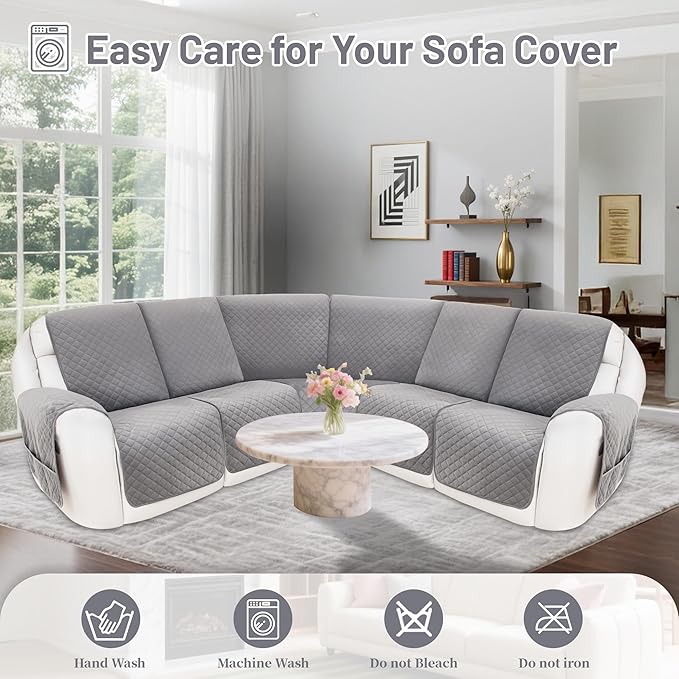 Reclining Sectional Couch Covers 100% Waterproof Recliner Cover Washable Velvet L Shape Recliner Couch Covers for Dogs Anti Slip Recliner Slipcovers with Pockets (5 Seat Sofa, Silver Gray)