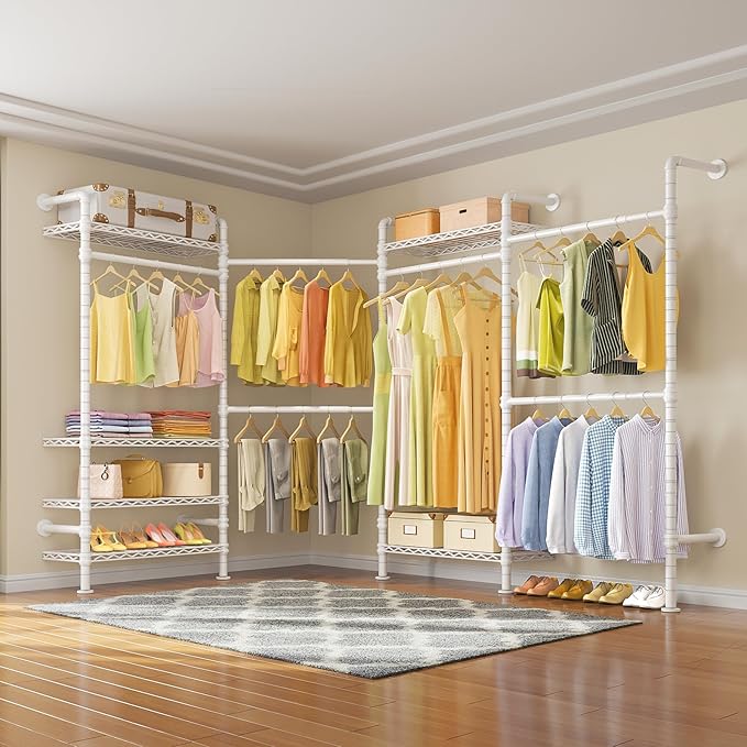 Timate L4 L Shape Garment Rack Heavy Duty Clothes Racks for Hanging Clothes, Expandable Industrial Pipe Clothing Rack Wall Mounted Closet Organizer Large Wardrobe Closet Kit Corner Closet System White