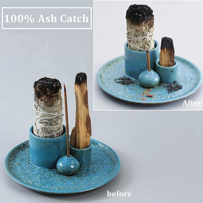 5 in 1 Incense Holder Burner, 5.9" Ceramic Holder for Burning Palo Santo Sage Candle and Incense Sticks Cones, Ash Catcher Tray for Meditation Room Home Décor(Blue)