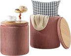 Ottoman with Storage Set of 2, Velvet Round Storage Ottoman, Upholstered Sponge Vanity Stool Support 300lbs, Multifunctional Coffee Table Foot Rest Ottoman for Living Room Bedroom, Pink