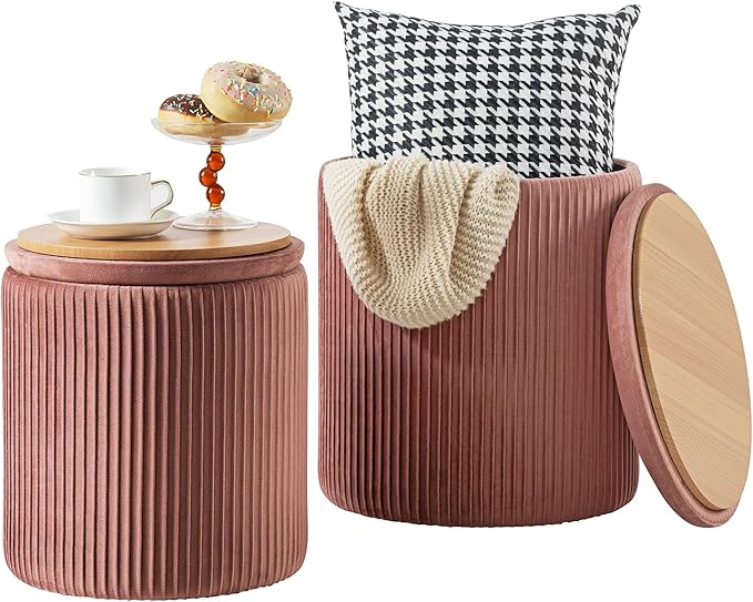 Ottoman with Storage Set of 2, Velvet Round Storage Ottoman, Upholstered Sponge Vanity Stool Support 300lbs, Multifunctional Coffee Table Foot Rest Ottoman for Living Room Bedroom, Pink