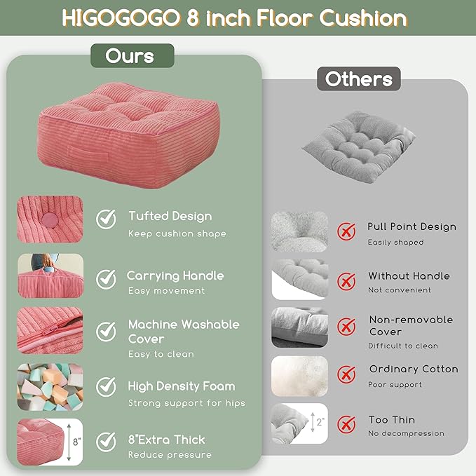 8" Washable Floor Pillow Cushion for Adults, Meditation Cushion Pillow, Large Square Floor Sitting, Removable Tufted Corduroy Cover, for Tatami Living Room or Yoga, 22x22 Inch, 2Pack, Machine Washable