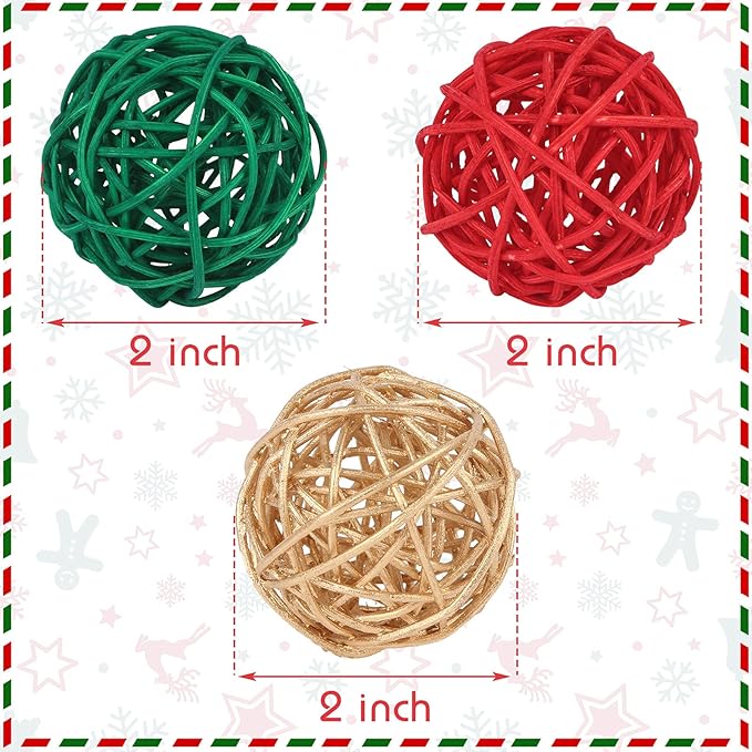 DomeStar 24PCS Christmas Decorative Balls for Bowl Centerpiece, 2 Inch Rattan Balls Bowl Fillers Decor, Wicker Twig Orbs Spheres, Home Vase Table Xmas Tree Hanging Decor(Red and Green)