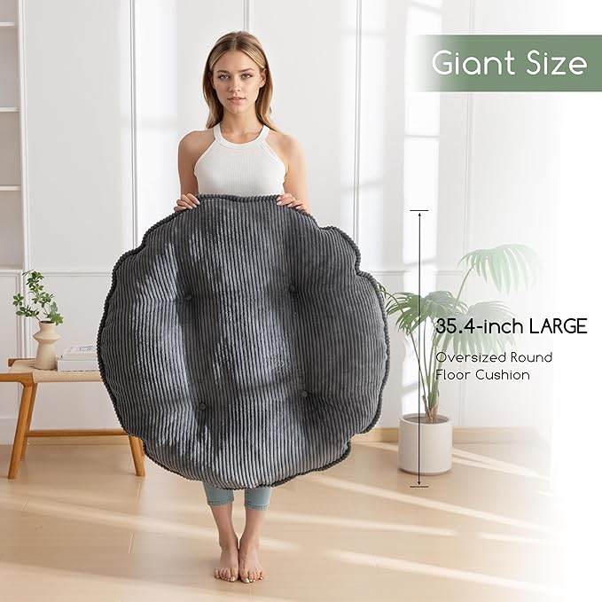 35" Washable Floor Pillow Cushion for Adults, Meditation Cushion Pillow, Extra Large Round Floor Sitting, Removable Tufted Corduroy Cover, for Tatami Living Room or Yoga, Dark Grey, Machine Washable
