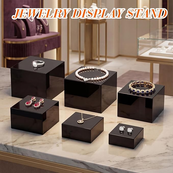 Leinuosen 6 Pcs Buffet Risers, 3 to 8 Inch Catering Dessert Table Risers Square Food Decorative Stands with Hollow Bottom for Catering Supplies, Party (Black)
