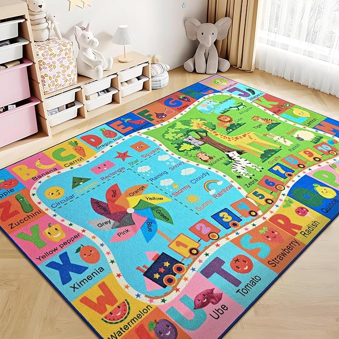 Kids Rug for Playroom, 3x5 ABC Educational Carpet for Classroom, Fun Alphabet Area Rugs for Learn Numbers Season Animal Weather and Shapes Playmat for Girls Boys Room Nursery Decor