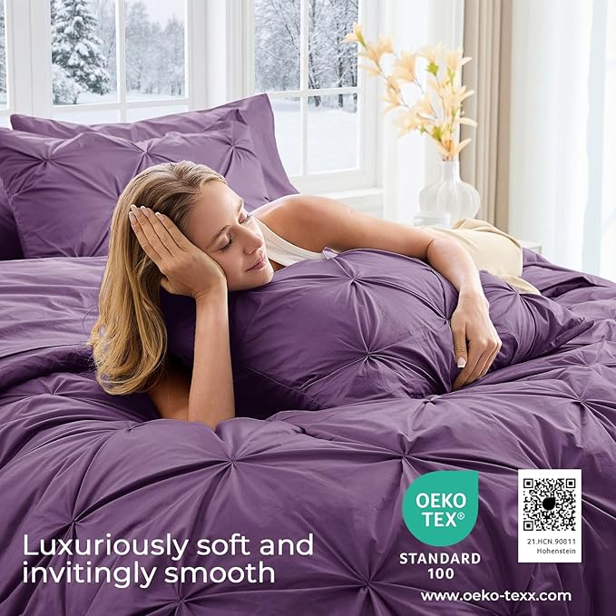 Sasttie Full Size Comforter Set, 7-Piece Bed in a Bag Double, Pintuck Bedding Set for All Season, Includes Comforter, Flat Sheet, Fitted Sheet, Pillowcases and Pillowshams, Grape Purple