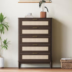 LINSY HOME Rattan Dresser with 5 Deep Drawers, 46" Tall Chest of Drawers, Mid Century Modern Wood Dresser, Large Boho Storage Cabinet for Bedroom with Metal Handle and Durable Legs, Walnut