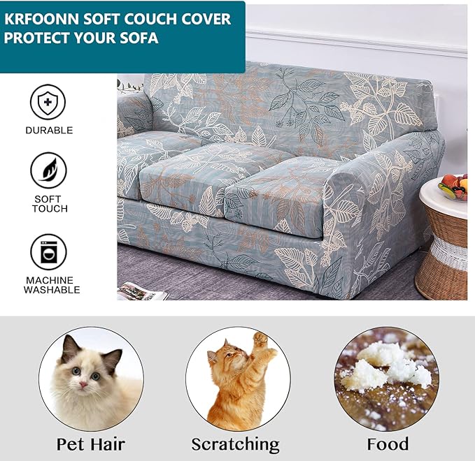 KRFOONN 4 Piece Stretch Sofa Couch Covers for 3 Cushion Couches Printed Sofa Slipcover with 3 Separate Seat Cushion Covers Washable Sofa Slip Covers Furniture Protector for Pets Kids (Large, 14)