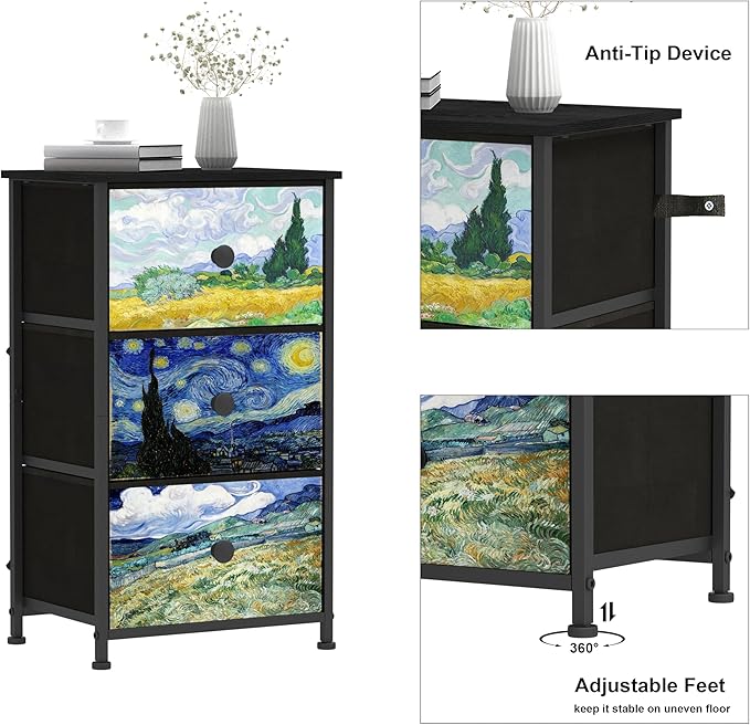Dresser with 3 Drawers Van Gogh Drawer Dresser for Bedroom Narrow Nightstand Small Dressers & Chests of Drawers for Halfway Entryway Closets Living Room Sturdy Steel Frame Wood Top