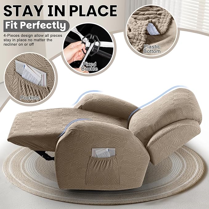 VANSOFY Recliner Chair Covers, 4-Pieces Stretch Recliner Cover Jacquard Soft Reclining Chair Slipcover Furniture Protector with Elastic Bottom for Lazy Boy Recliner(Khaki)