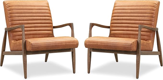 Poly & BARK Rowan Lounge Chairs Set of 2 – Mid Century Modern Leather Armchairs with Ribbed Seat and Solid Ash Wood Frame, Cognac Tan