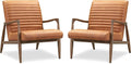 Poly & BARK Rowan Lounge Chairs Set of 2 – Mid Century Modern Leather Armchairs with Ribbed Seat and Solid Ash Wood Frame, Cognac Tan