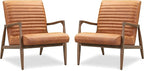 Poly & BARK Rowan Lounge Chairs Set of 2 – Mid Century Modern Leather Armchairs with Ribbed Seat and Solid Ash Wood Frame, Cognac Tan