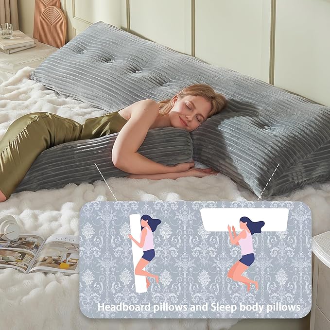 Headboard Wedge Pillow + A Long Neck Roll Pillow Body Pillow，Large Headboard Pillow with Removable Cover (Blue-Gray, Queen：59x8x20 inches)
