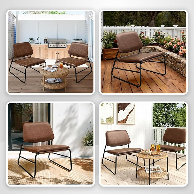 DAICO Modern Accent Chair Waterproof Armless Sling Accent Chairs Comfy Upholstered Side Sitting Chairs with Metal Frame for Living Room Bedroom Balcony Garden, Faux Leather, Brown