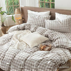 MooMee Gingham Duvet Cover Set 100% Washed Cotton Linen Like Textured Breathable Durable Soft Comfy Modern Checkered Design (Buffalo Plaid Tannish Linen Grey, Cal King 104"x98")
