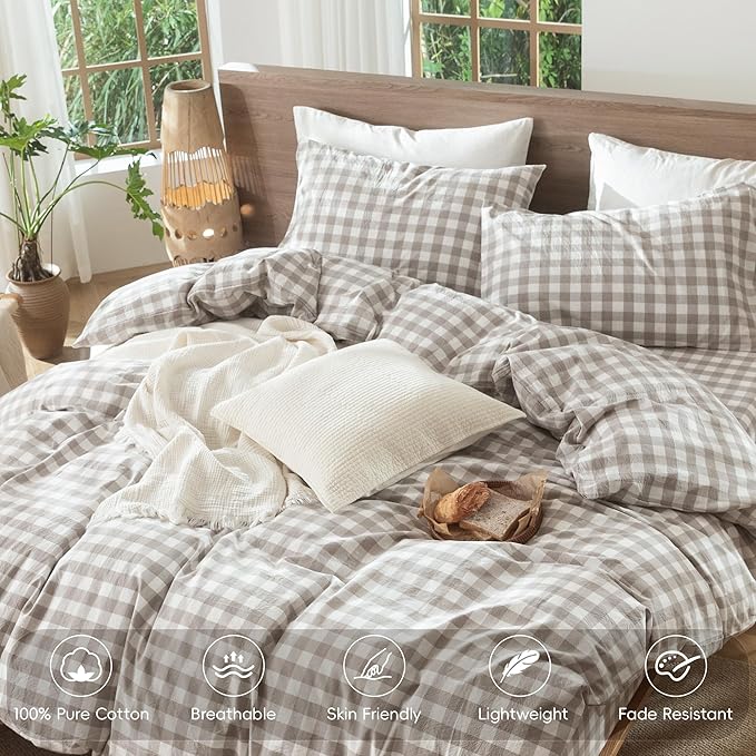 MooMee Gingham Duvet Cover Set 100% Washed Cotton Linen Like Textured Breathable Durable Soft Comfy Modern Checkered Design (Buffalo Plaid Tannish Linen Grey, Oversized Full 82"x86")