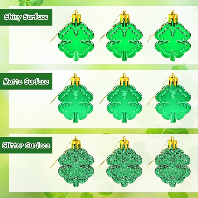 JULMELON 24 PCS St Patricks Day Four Leaf Clover Ornaments for Tree, Mini Green Lucky Four Leaf Shamrock Hanging Irish Saint Patricks Day Tree Decorations for Home Kitchen Party Decor