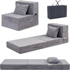 Folding Sofa Bed, 4 in 1 Convertible Sleeper Chair with Pillow, Single Memory Foam Fold Out Chair Bed, Modern Floor Futon Sofa Couch Mattress for Living Room/Guest/Apartment, Light Gray