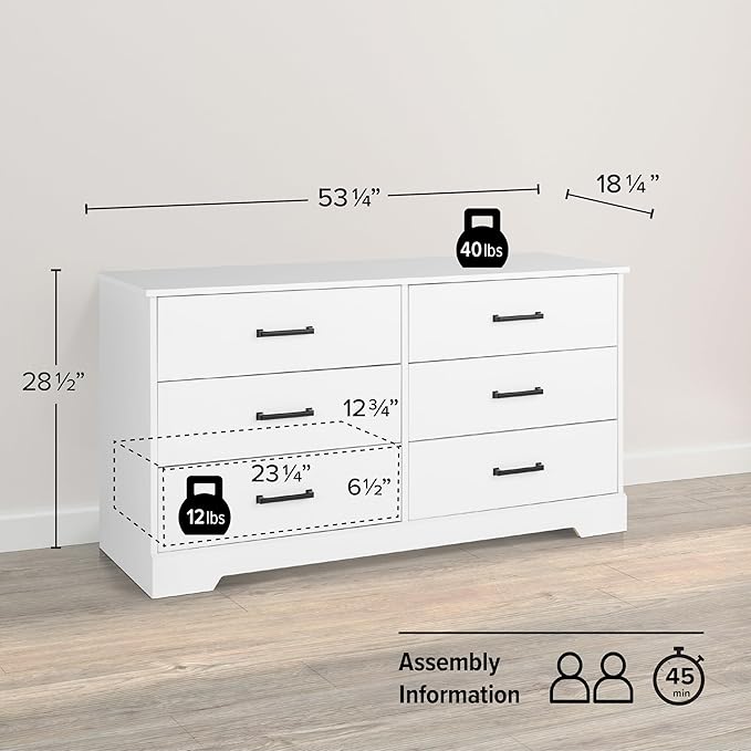 Prepac Rustic Ridge Farmhouse 6-Drawer Double Dresser, White Dresser for Bedroom, Chest of Drawers with 6 Storage Drawers, 53.25” wide x 18.25” deep x 28.5” tall, White