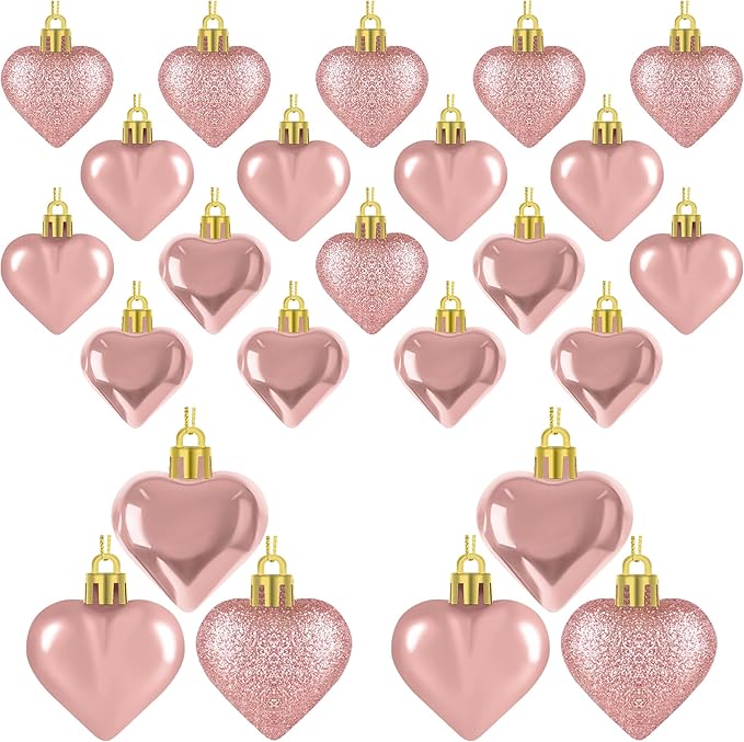 24PCS Valentines Day Heart Ornaments, Rosegold Heart Shaped Ornaments, 2 Sizes Heart Hanging Ornaments, Glossy Heart Baubles Hanging Decorations for Valentine's Day Wedding Anniversary Party Decor
