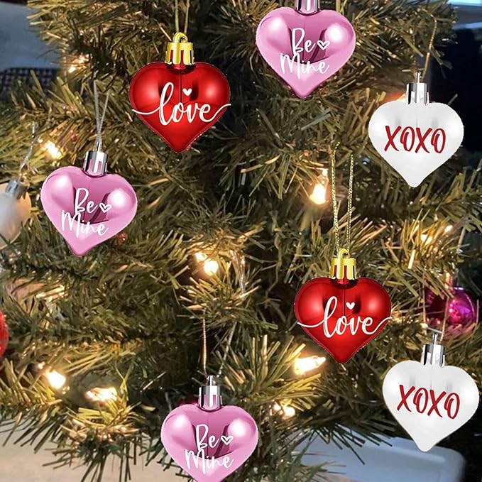 Valentines Tree Decorations, 24 Pcs Heart Ornaments for Christmas Tree, Mini Day Small Conversation Ornaments, Red Pink White Plastic
