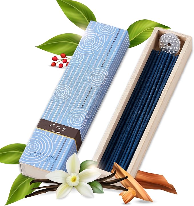 Hasegawa Hyakurakuko Premium Japanese Sandalwood Incense - Long Type, 40 Sticks with Aluminum Holder, 20-30 Min Burn Time, Made in Japan 線香 百楽香 (Vanilla)