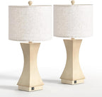 24.5" Modern Table Lamp Set of 2, 3-Way Dimmable Bedside Lamps with USB C & A Charging, Farmhouse Resin Nightstand Lamps with Linen Shade for Bedroom, Living Room, Home Office(Beige)