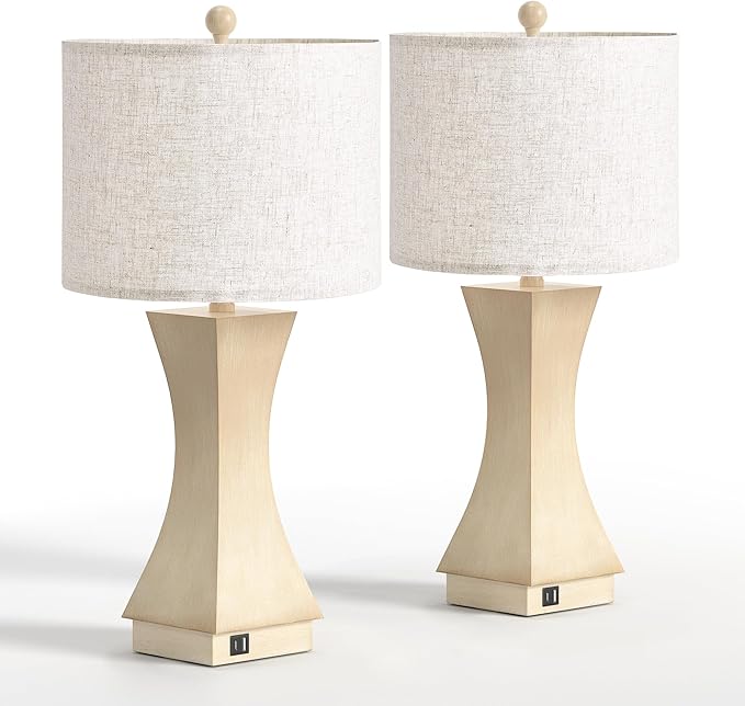 24.5" Modern Table Lamp Set of 2, 3-Way Dimmable Bedside Lamps with USB C & A Charging, Farmhouse Resin Nightstand Lamps with Linen Shade for Bedroom, Living Room, Home Office(Beige)
