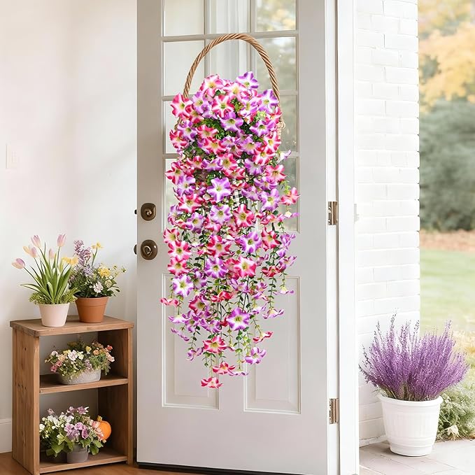 Waipfaru Artificial Petunias Flowers for Outdoors, 4 Pcs UV Resistant Fake Hanging Plants Spring Outside Decor, Faux Silk Flowers Long Trailing Vines for Outdoor Planters Porch Garden (Purple Fuchsia)