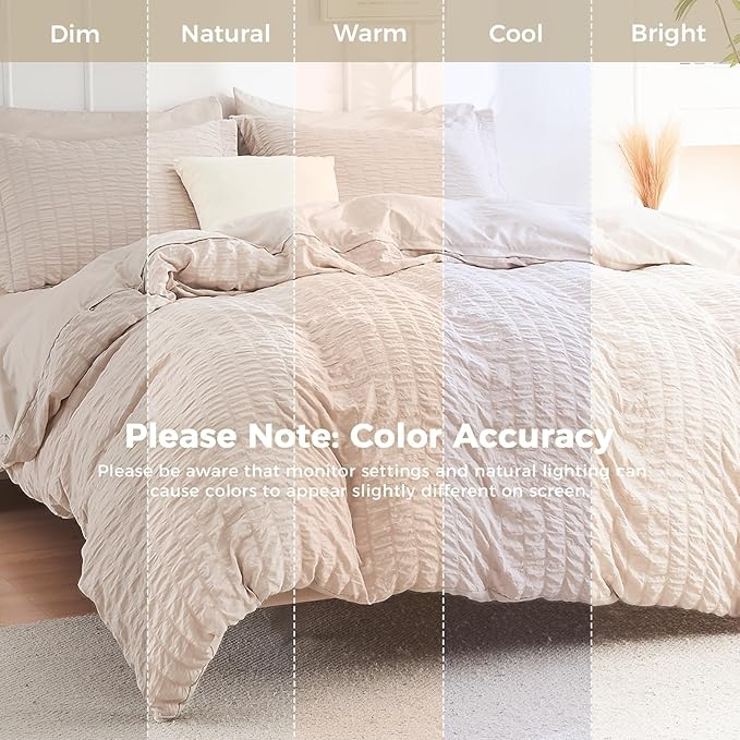 HYMOKEGE Beige California King Comforter Set Seersucker 7 Pieces, All Season Luxury Bed in a Bag for Bedroom, Bedding Set with Comforters, Sheets, Pillowcases & Shams