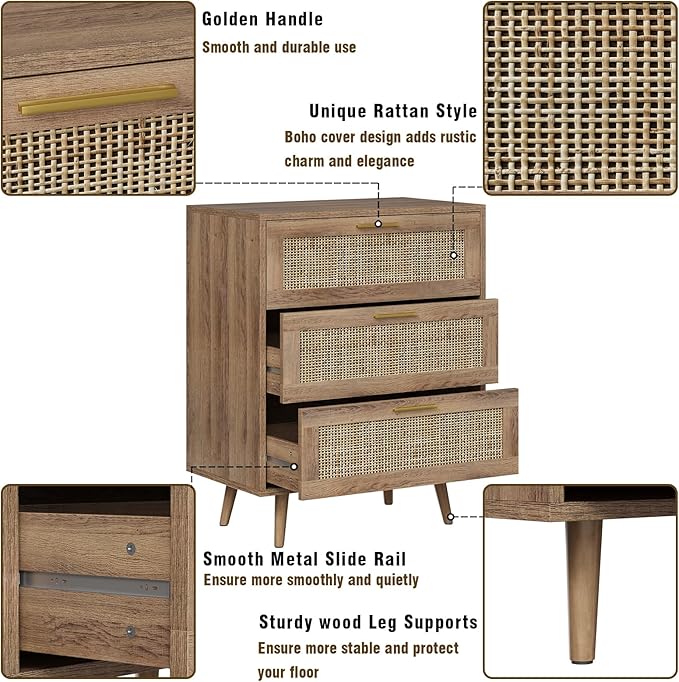 3 Drawer Dresser for Bedroom Rattan Dresser Chest of Drawers with Spacious Storage Boho Clothes Storage Nightstand for Living Room
