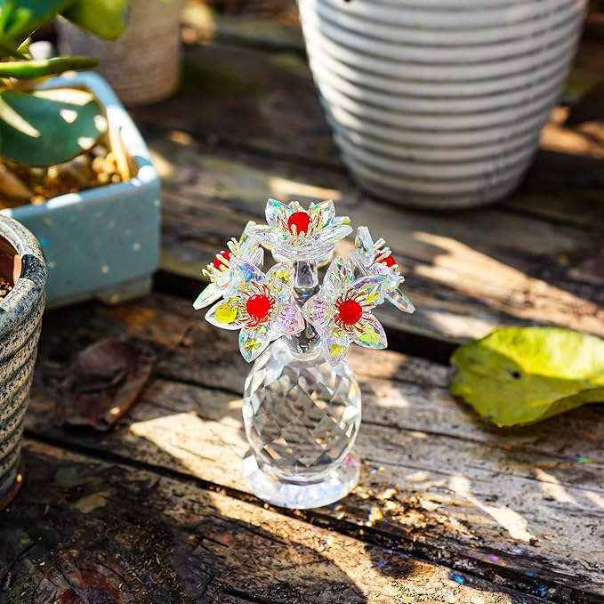 Iridescent Crystal Flower Figurine Collectibles for Women AB Color Glass Flowers Ornament Collection Crystal Christmas Decoration for Home Office