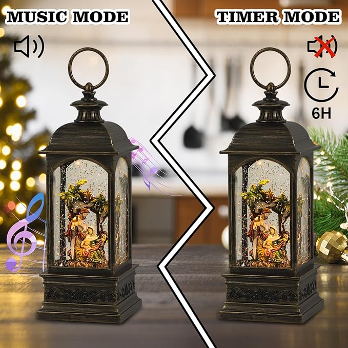 Eldnacele Nativity Music Snow Globe Lantern with 6 Hour Timer, Battery Operated & USB Powered Singing Lighted Lamp Swirling Water Glittering Christmas Decoration Holiday Decor Lantern