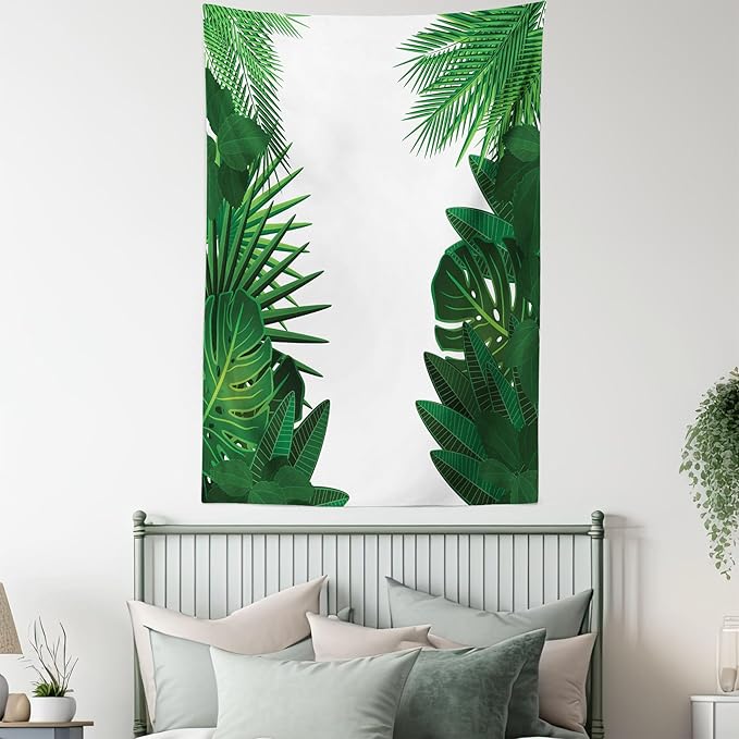 Ambesonne Leaf Tapestry Twin Size, Exotic Fantasy Hawaiian Tropical Palm Leaves Floral Graphic Art Print, Wall Hanging Bedspread Bed Cover Wall Decor, 68" X 88", Green White