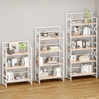 No Assembly Folding Bookshelf, 5 Tiers Vintage Wood Collapsible Book Shelf for Storage,Industrial Metal Foldable Bookcase Organizer for Living Room Bedroom Home Office (Beige)