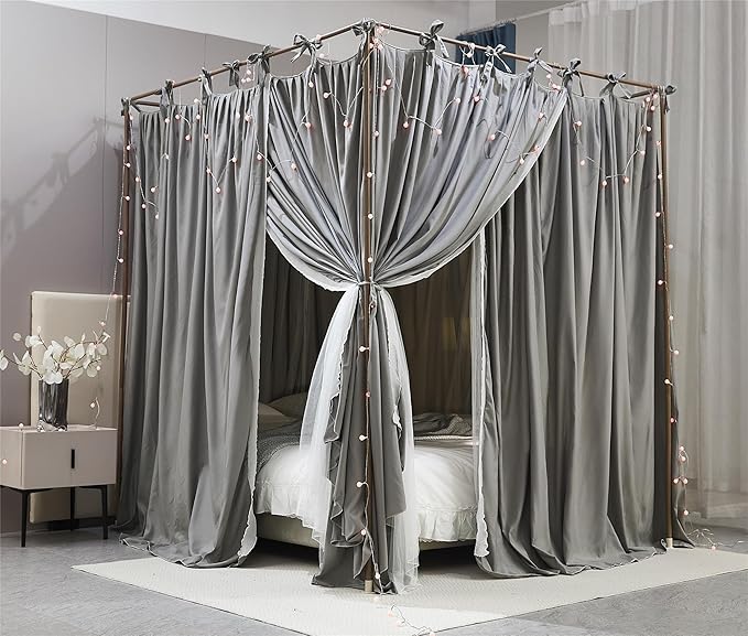 4 Corners Post Princess Curtain Bed Canopy Double Layer Cozy Mosquito Net Mesh and Cloth for Girls Adults Bedroom Decoration (Double-Grey/White, 59" W*82" L*82"*H/(Queen))