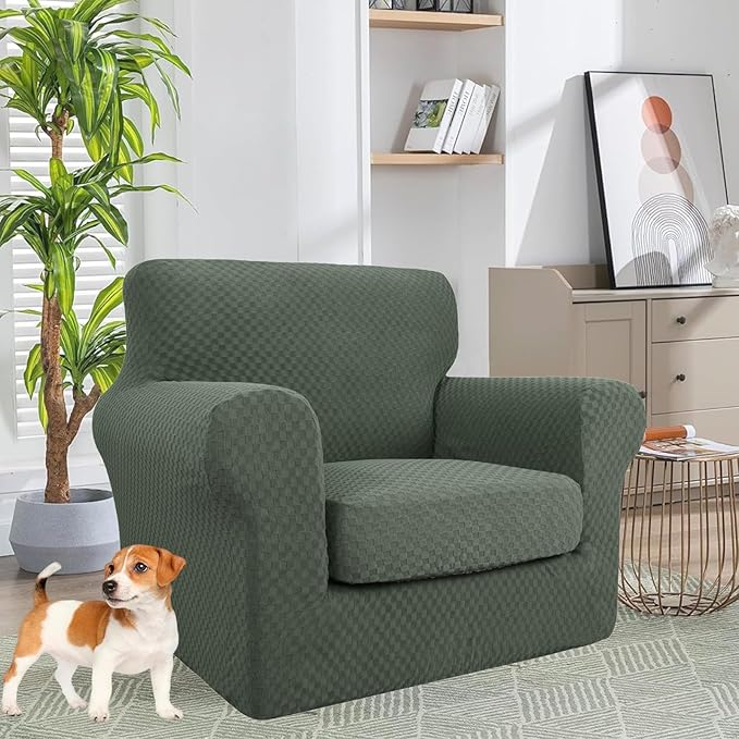 YEMYHOM Latest Checkered 2 Pieces Chair Covers for Living Room High Stretch Thickened Chair Slipcovers with Arms Anti Slip Elastic Armchair Sofa Couch Protector (Army Green), 31"-46"(1 Cushion)