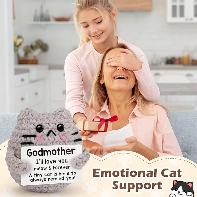 Godmother Gift from Godchild, Birthday Gifts for Godmother from Goddaughter Godson Emotional Support Crochet Cat Cute Stuff Thing Handmade Positive Crochet Christmas Stocking Stuffers