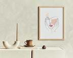 Aesthetic Face Wall Art Hands on Cheeks Continuous Line Drawing Abstract Pink Shapes 11x14 Inch Oak Wood Beige Framed Modern Portrait for Bedroom Vanity