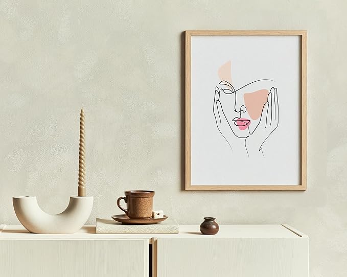 Aesthetic Face Wall Art Hands on Cheeks Continuous Line Drawing Abstract Pink Shapes 11x14 Inch Oak Wood Beige Framed Modern Portrait for Bedroom Vanity