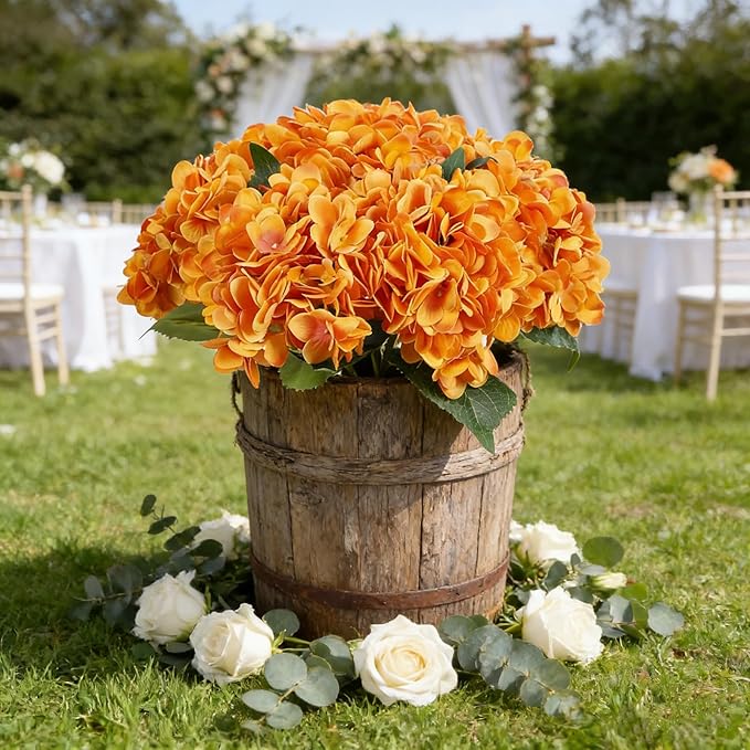 Kimura's Cabin 6pcs Artificial Silk Hydrangea Flowers with Stems Fake Hydrangea Bouquet for Home Table Centerpieces Wedding Party Halloween Decoration (Orange Yellow)