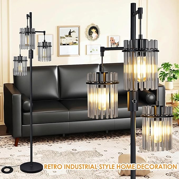 Industrial Modern Floor Lamps for Living Room, Dimmable Glass Tree Standing Tall Lamps with 3 Elegant Teardrop Cage Head & 1200 Lumens LED Bulbs for Bedroom Office (66inch Tall)